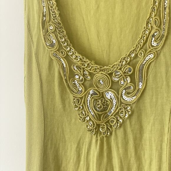 RARE Y2K Fairy Cottagecore Boho Linen Dress Green Beaded Crochet Italy M - Picture 9 of 11